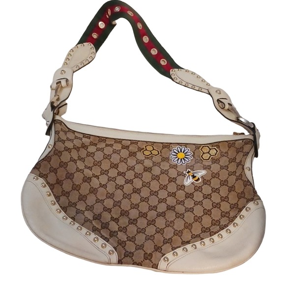 Gucci Tote Bag STUDDED Shoulder Bag RED Green Strap IVORY LEATHER added patch - Picture 1 of 16